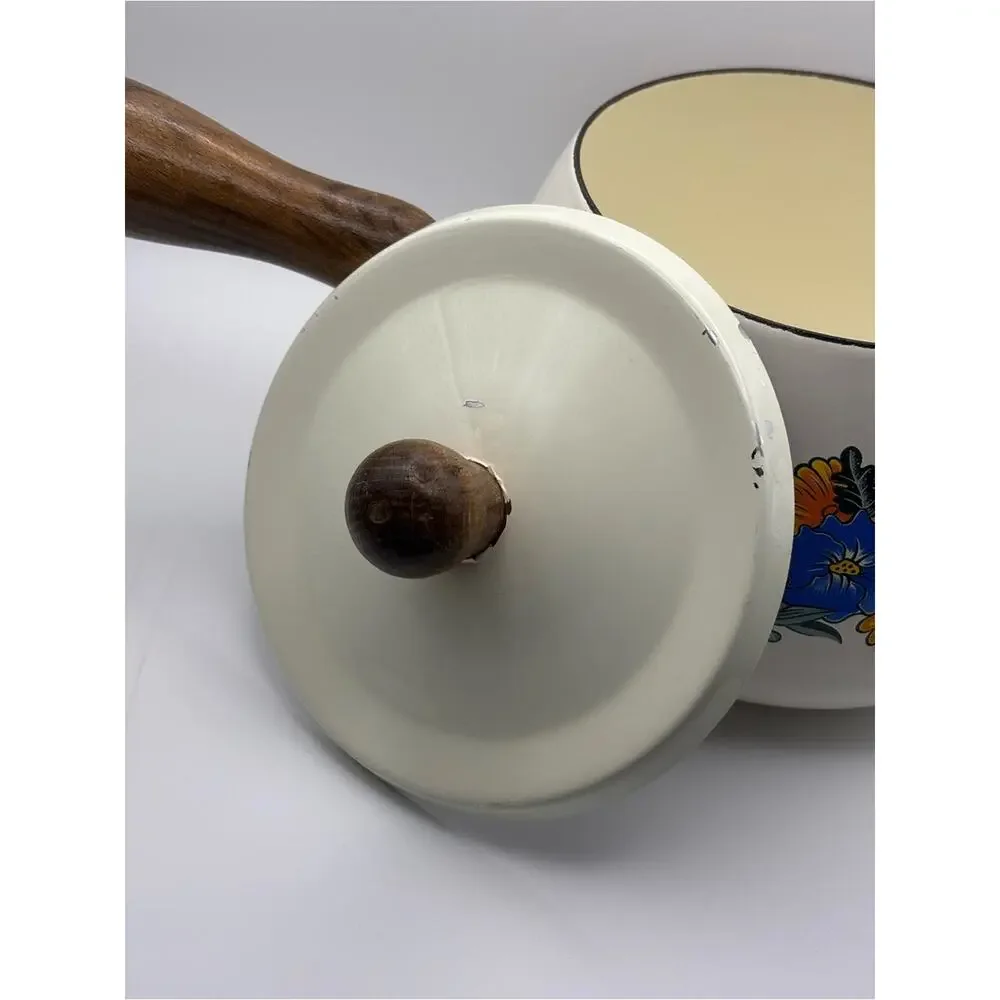 Vintage Kamenstein Floral Enamel Cast Iron Fondue Pot with Wood Handle